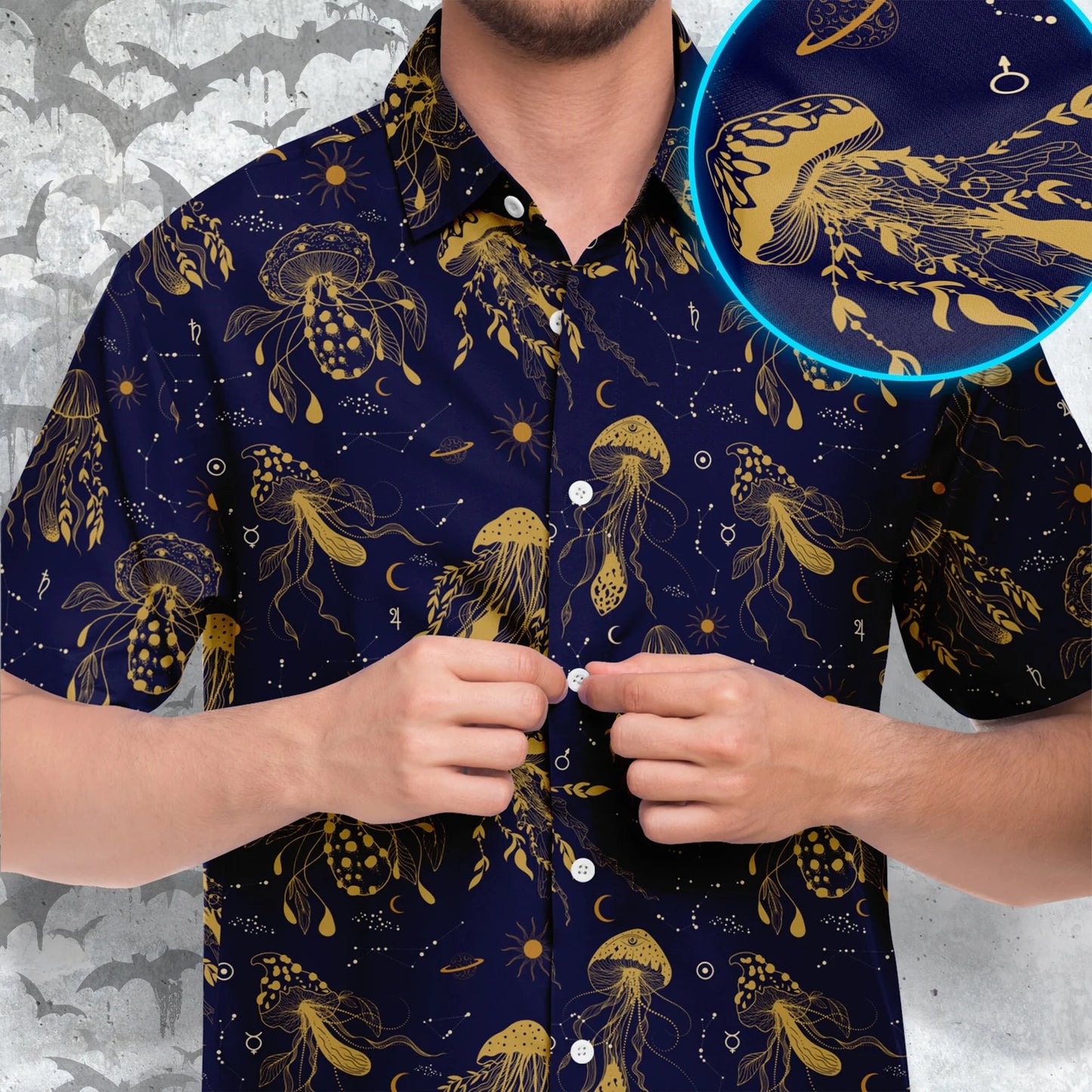 Mystical mushrooms short sleeve button-up shirt