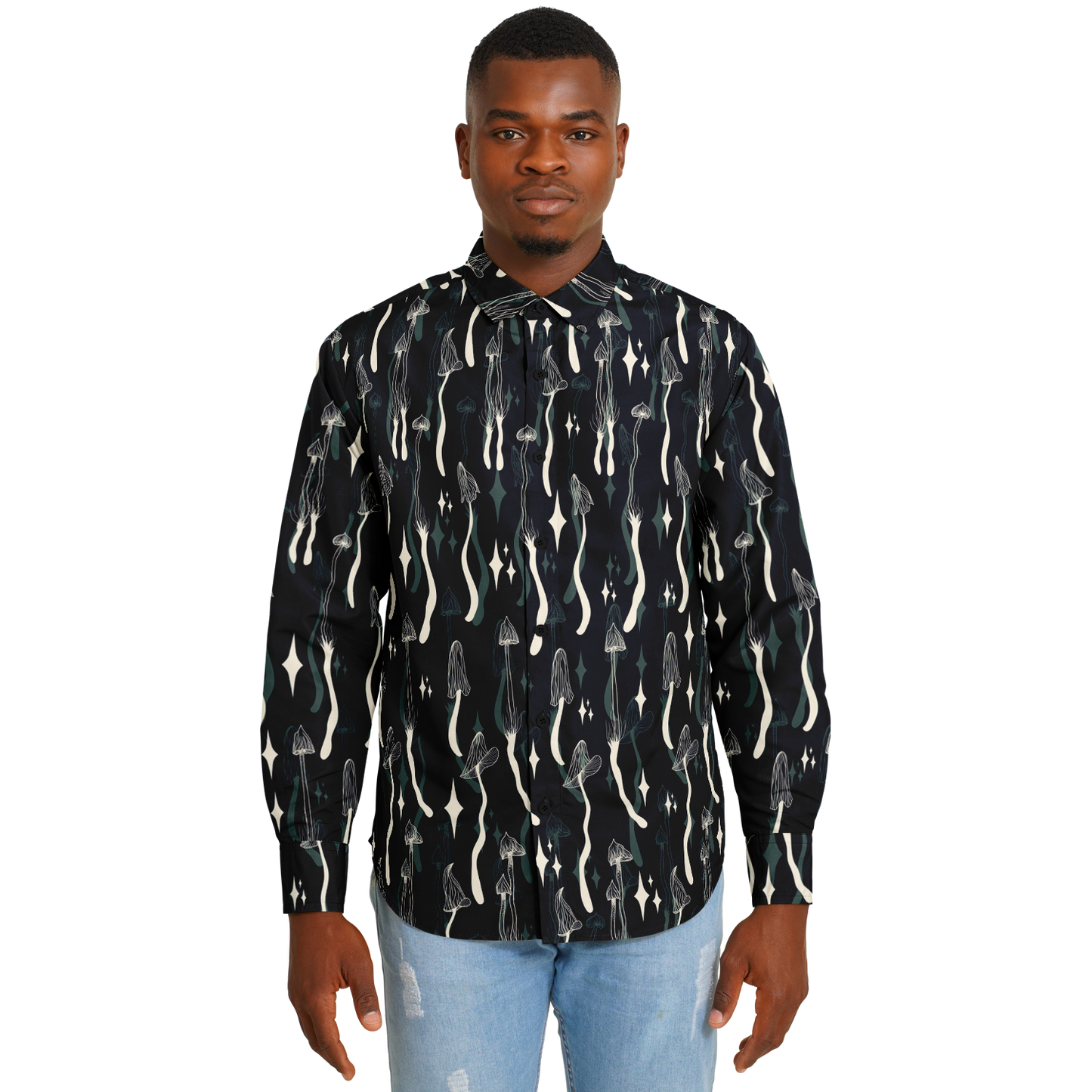Mushroom Wave Long Sleeve Button Down Shirt - NeoSkull