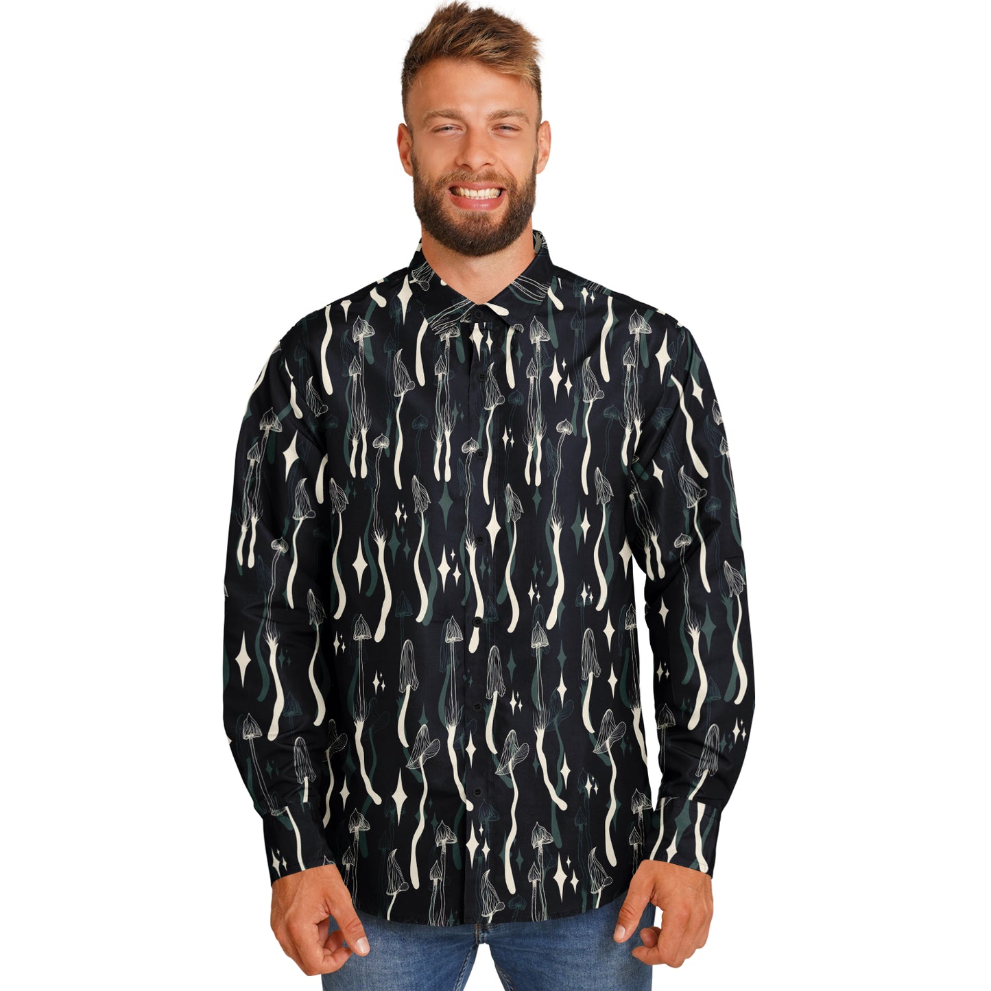 Mushroom Wave Long Sleeve Button Down Shirt - NeoSkull