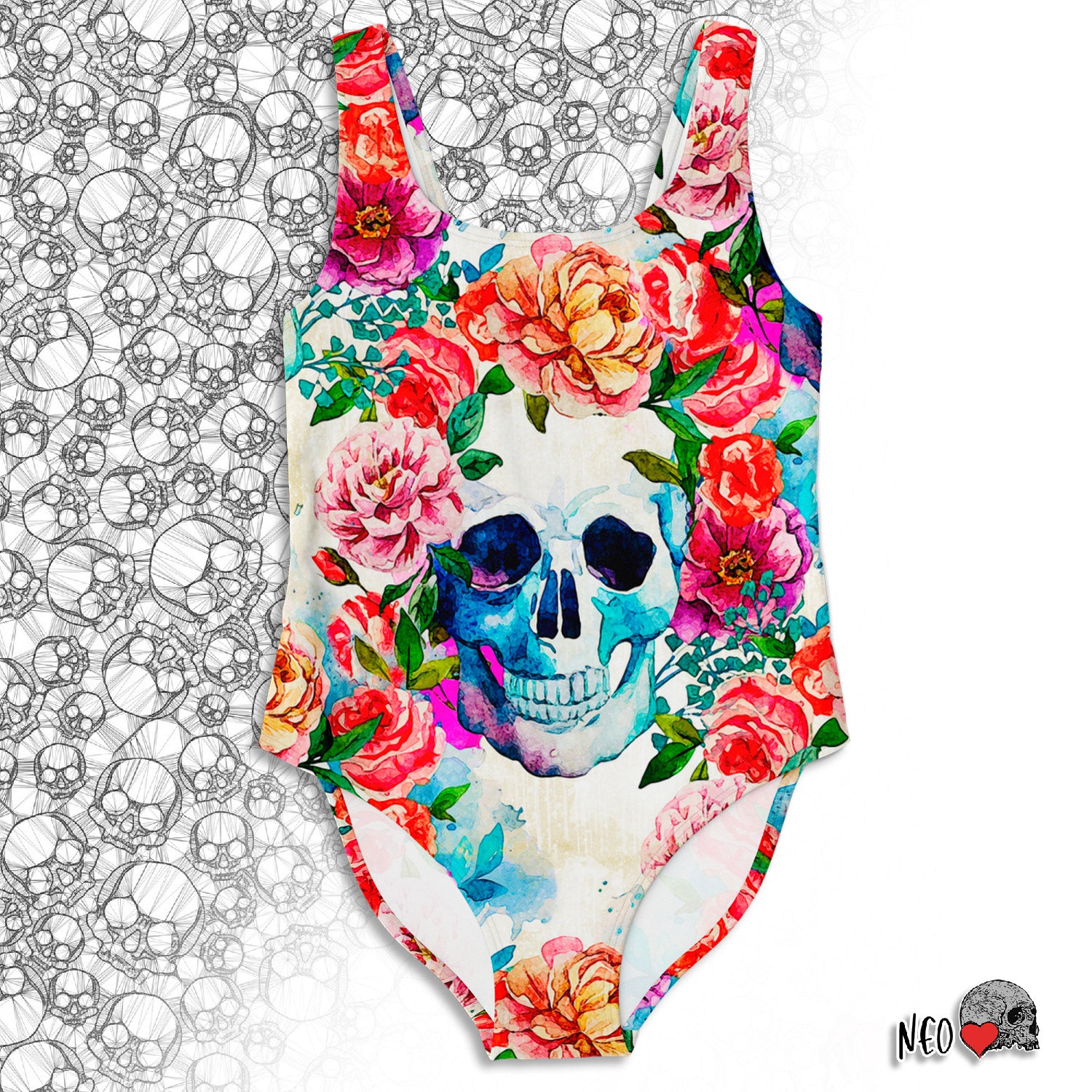 floral skull one-piece swimsuit