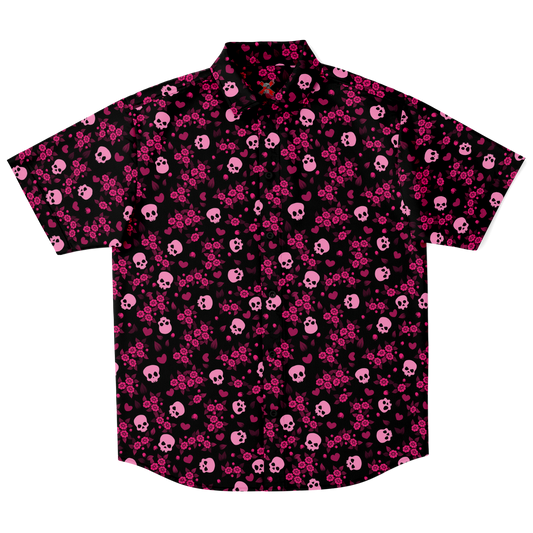 Pink Flowers and Skull short sleeve button-up shirt