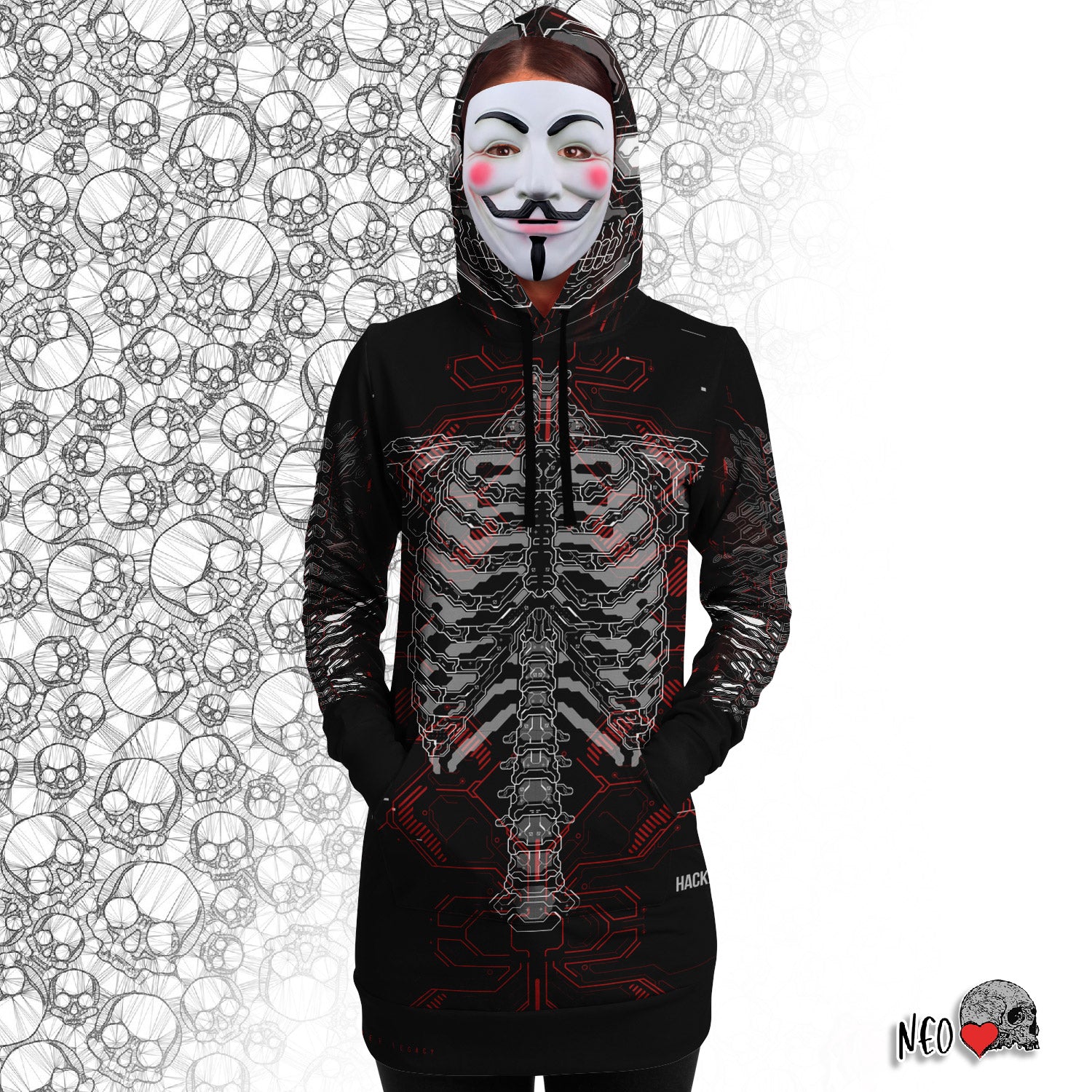Anonymous Cyberwear Longline Hoodie - NeoSkull
