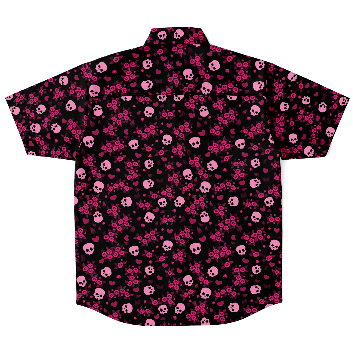 Pink Flowers and Skull short sleeve button-up shirt