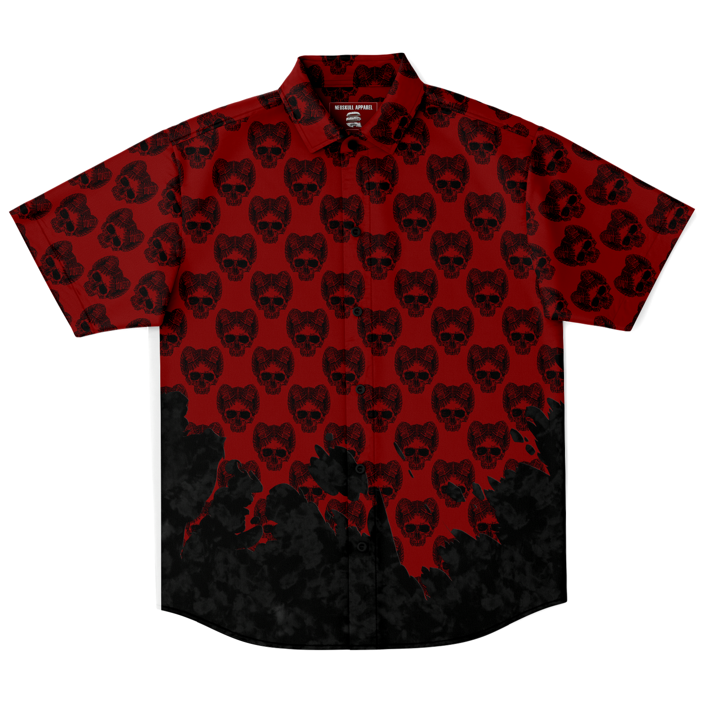 Horned Skull Short Sleeve Button Down Shirt V2 - NeoSkull