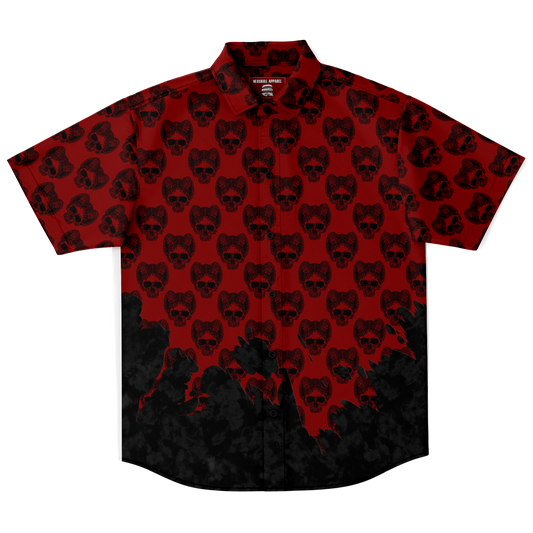 Horned Skull Short Sleeve Button Down Shirt V2 - NeoSkull