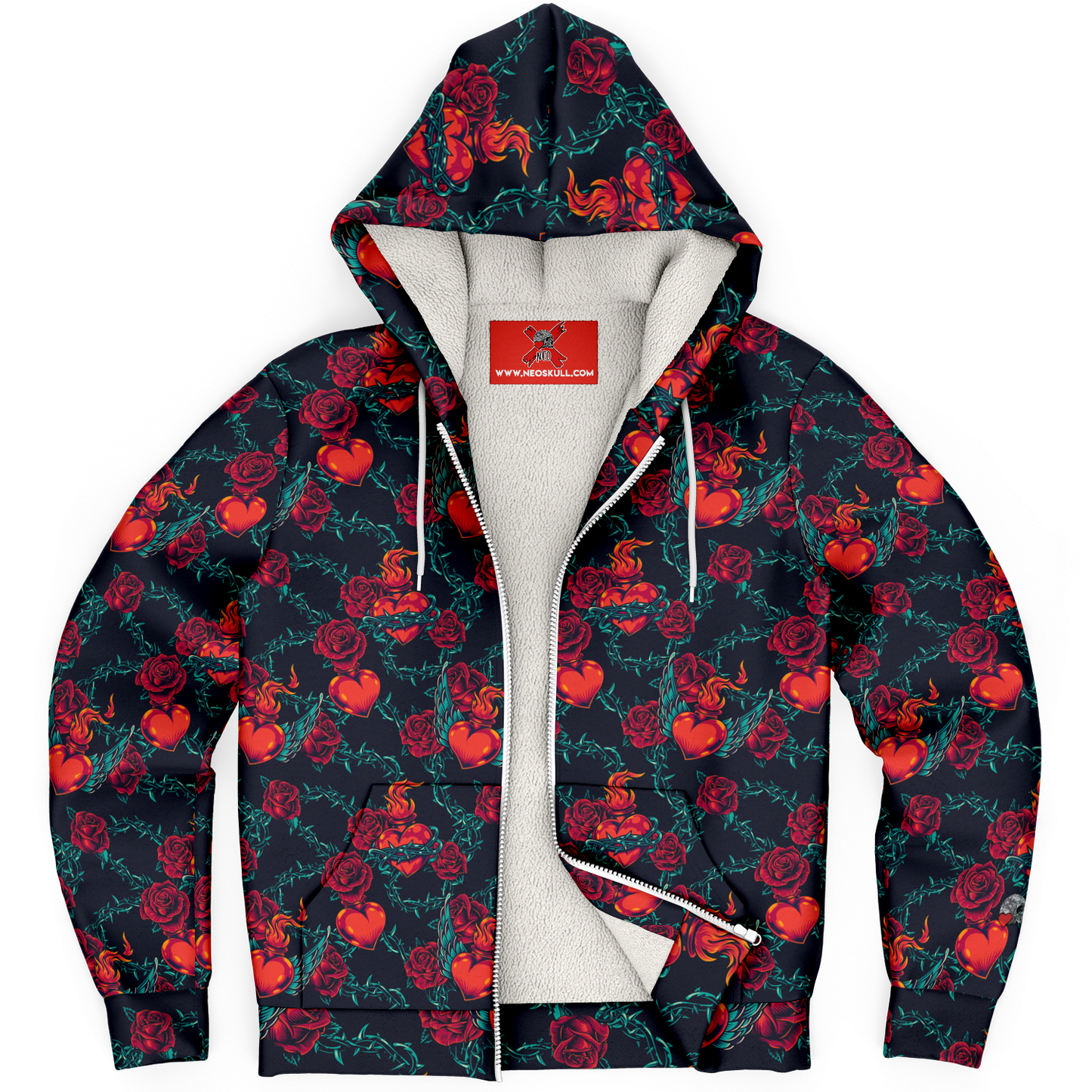 Fiery Hearts and Roses Zip-up hoodie features