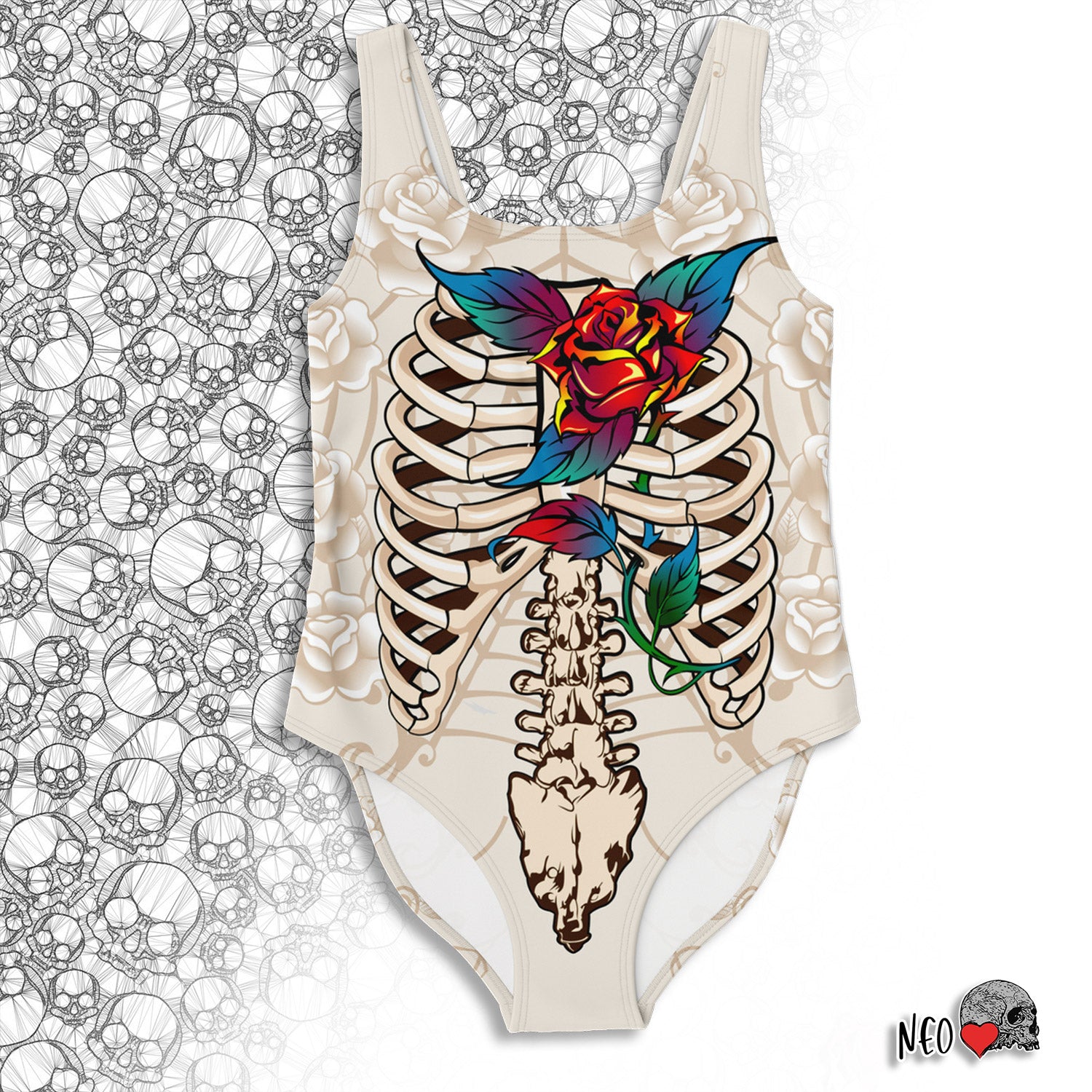 goth style skeleton floral swimsuit