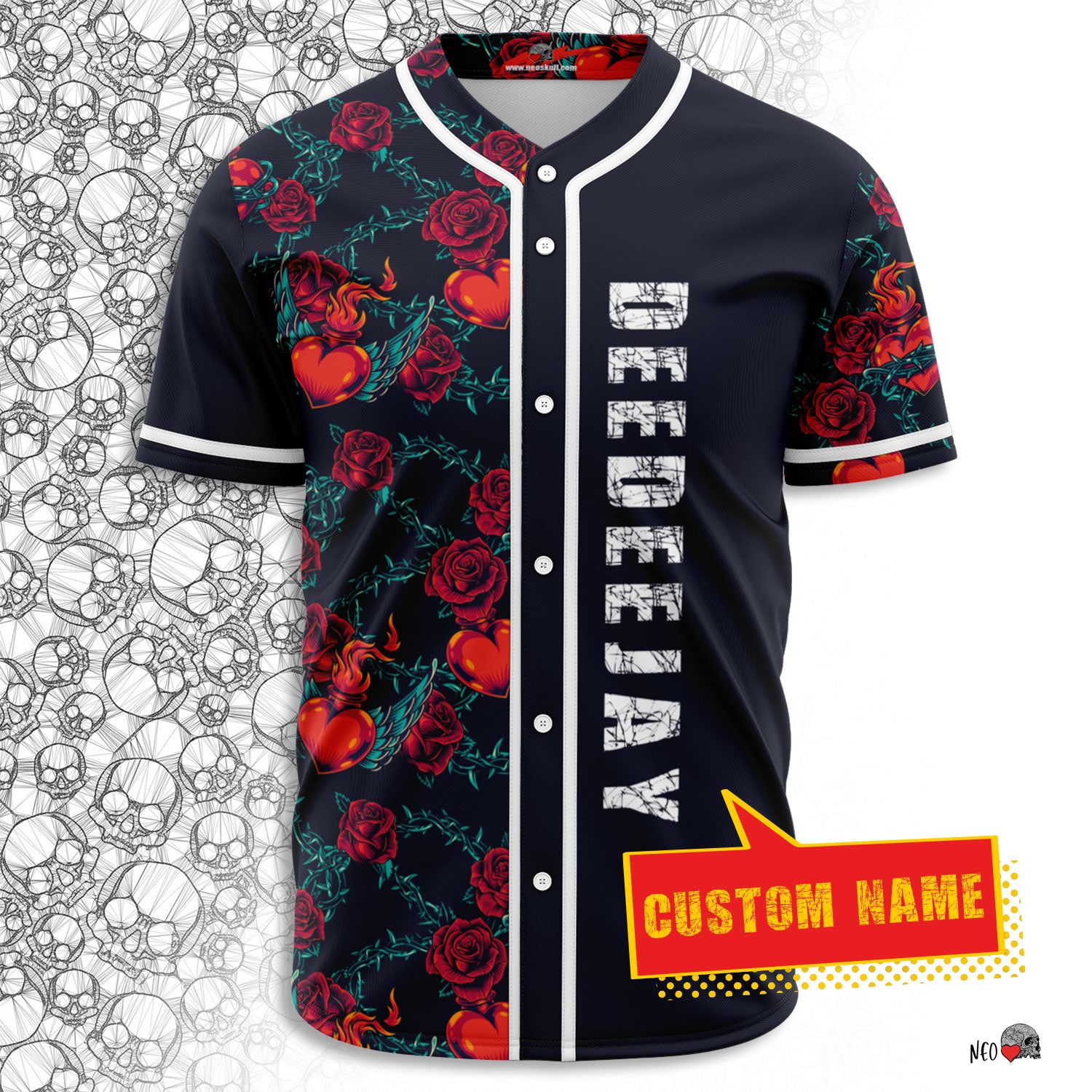 custom name personalized baseball jersey - fiery hearts and roses - neoskull