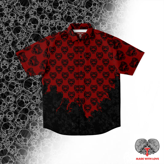 Horned Skull Short Sleeve Button Down Shirt - NeoSkull