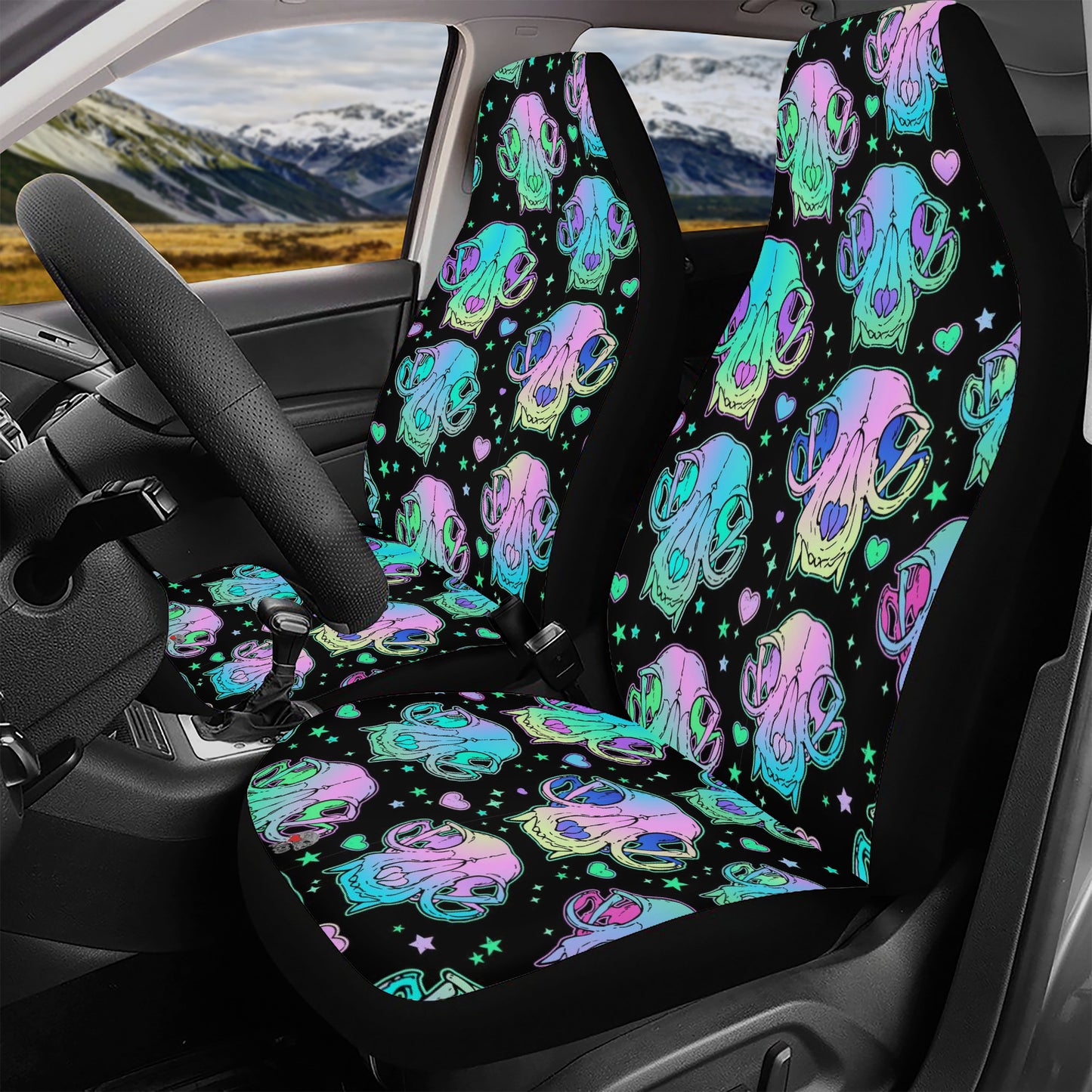 Neon Cat Skulls Full Car Seat Cover Set