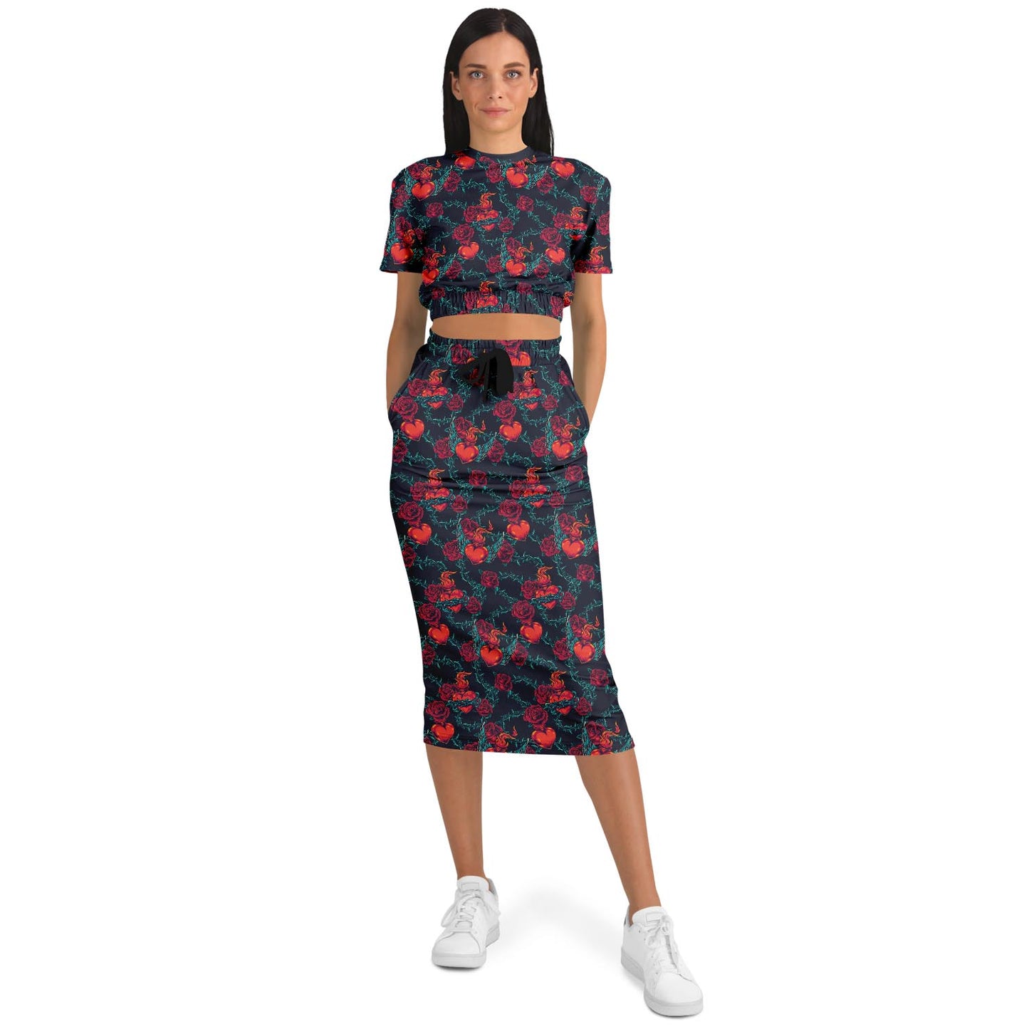 Fiery Hearts and Roses Sweatshirt and Skirt Set