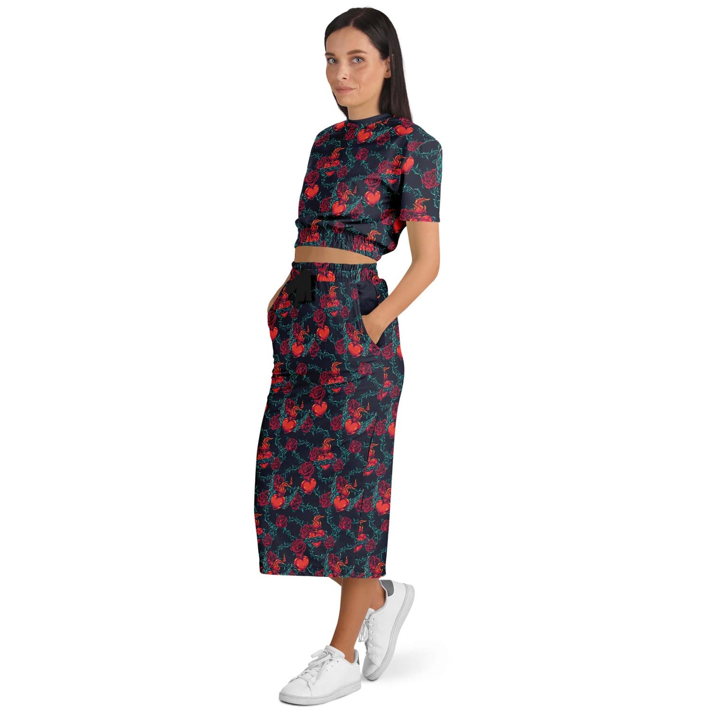 Fiery Hearts and Roses Sweatshirt and Skirt Set